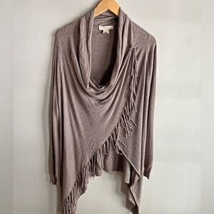 Lovestitch Taupe Fringe Drape Cardigan Wrap Cowl Neck Boho Sweater M